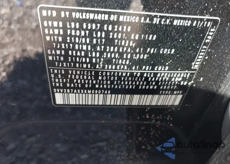 2019 Volkswagen Tiguan из США, поврежденный, VIN 3VV2B7AXXKM090749